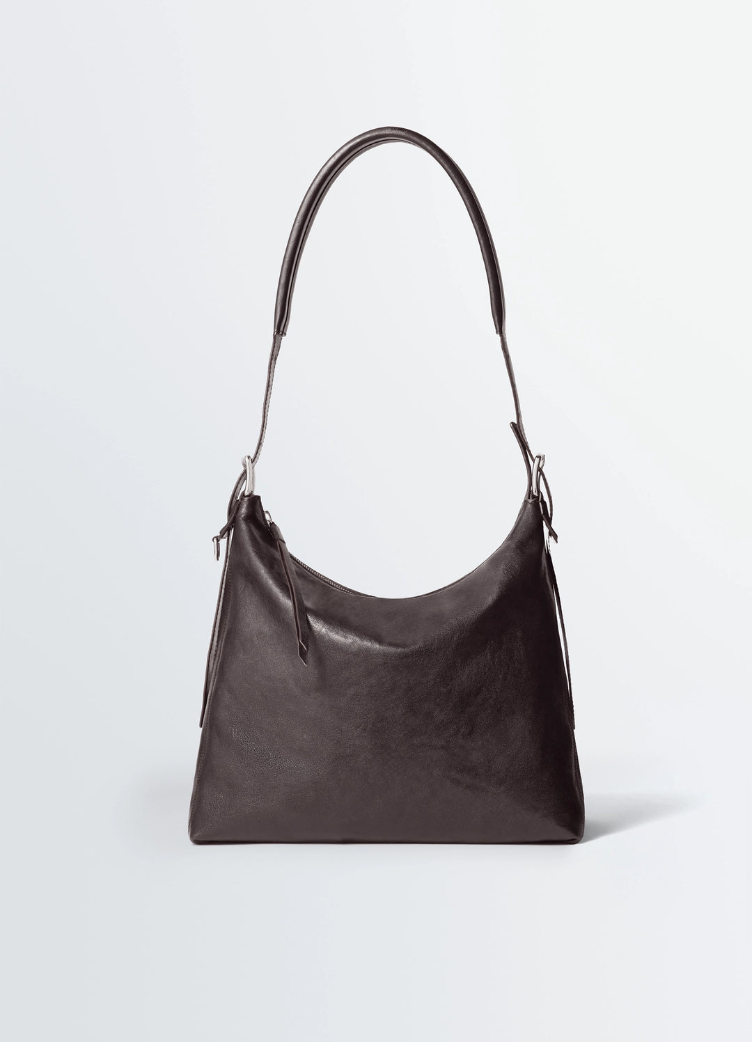 Small Belted Hobo Bag in Leather, product shot, Front view Minimal design