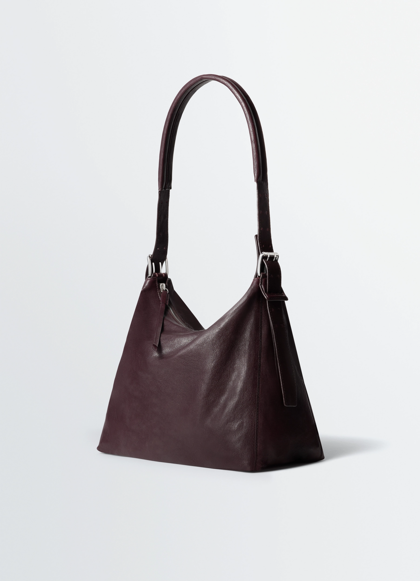 Small belted hobo bag in paper lux leather, product shot, three-quarter view tall strap design
