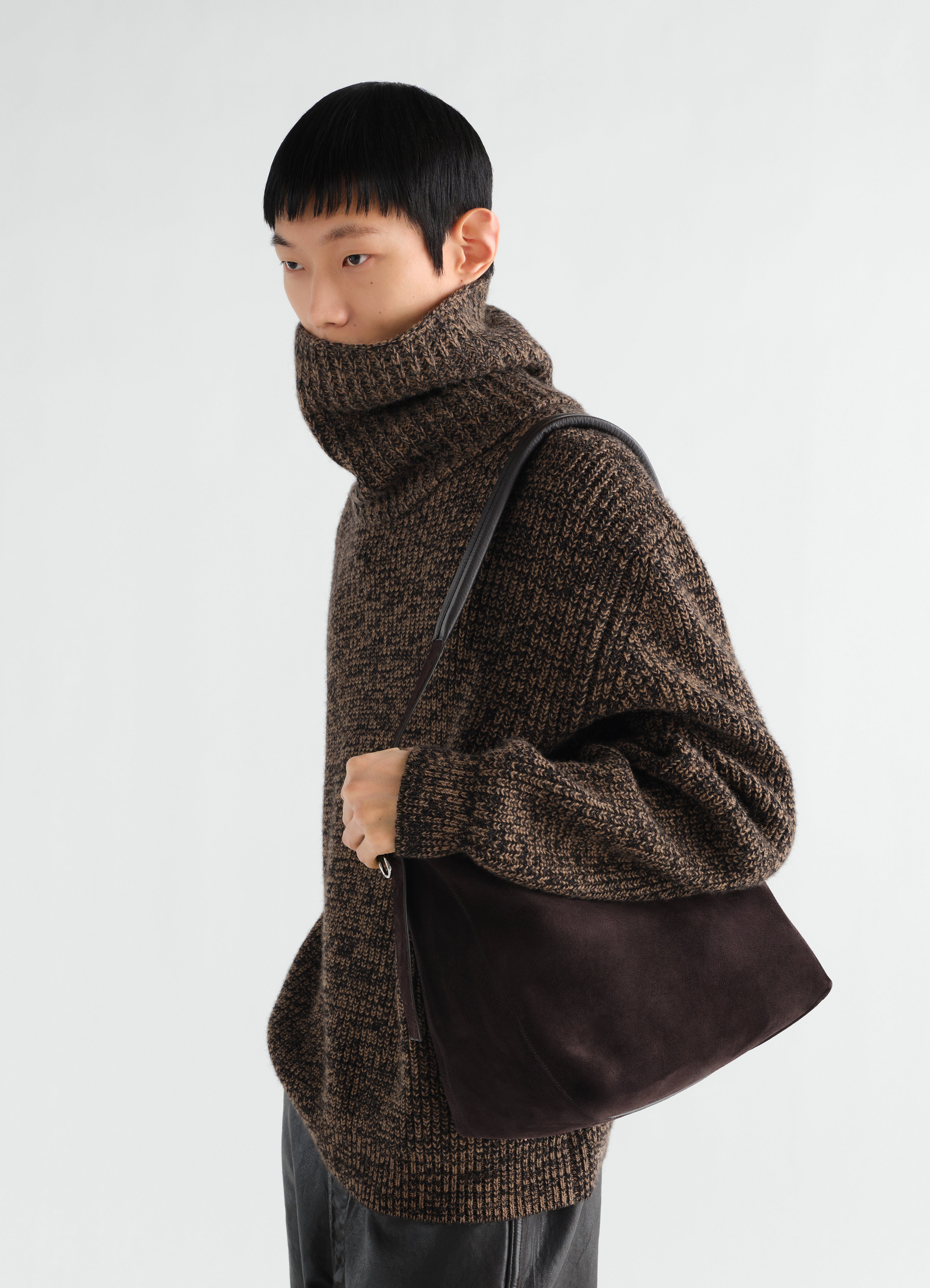 SMALL BELTED HOBO BAG IN SUEDE LEATHER - Ebony Brown - Suede