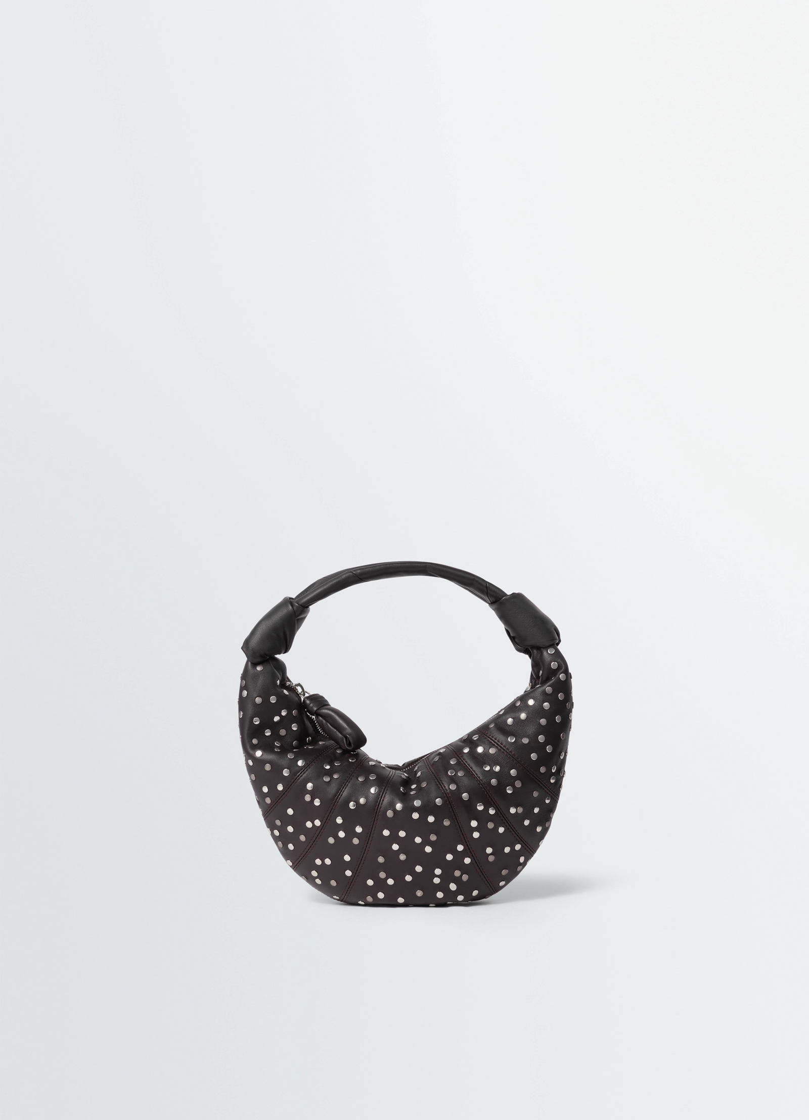 Studs dots mini fortune croissant b in leather, product shot, front view folded half-moon shape
