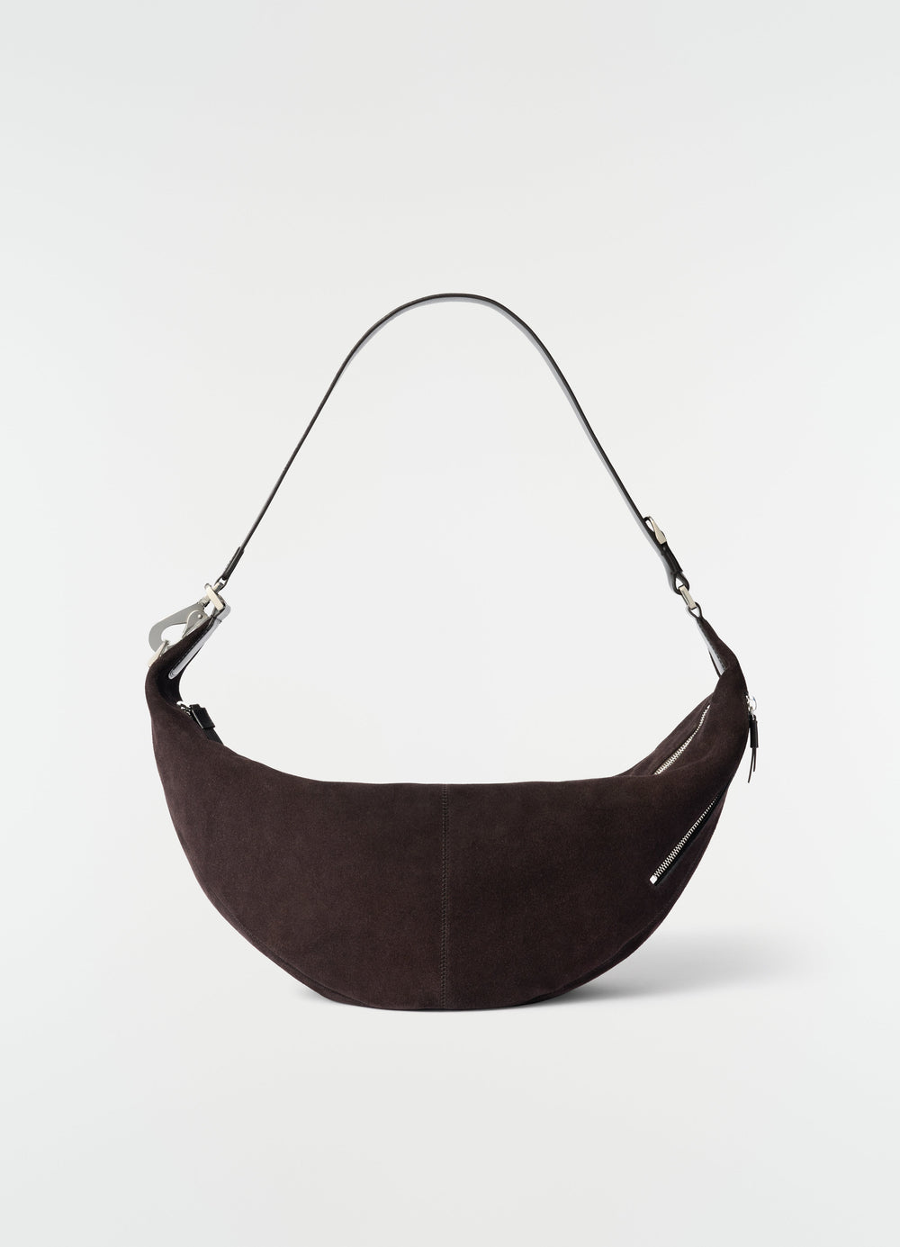 Quiver clip bag in dark brown suede leather with silver zippers and black strap by LEMAIRE on white background