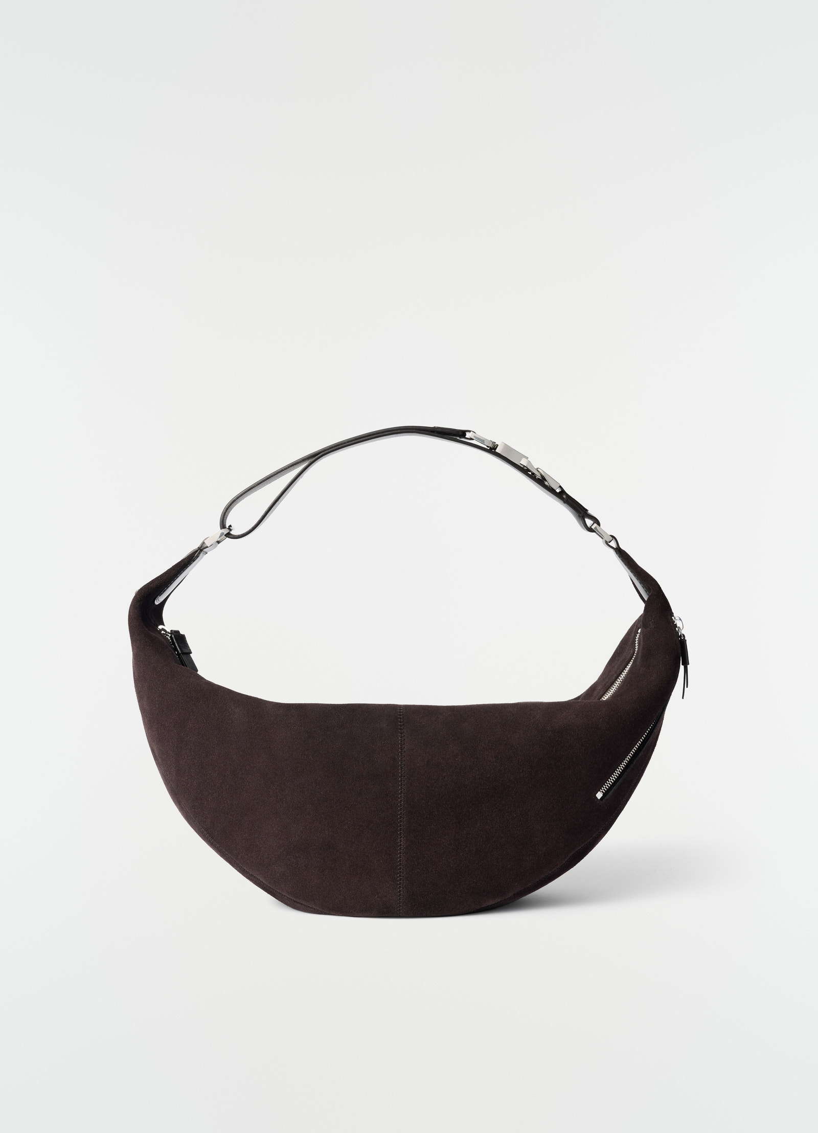 Quiver clip bag in dark brown suede leather with silver zippers by lemaire on plain white background