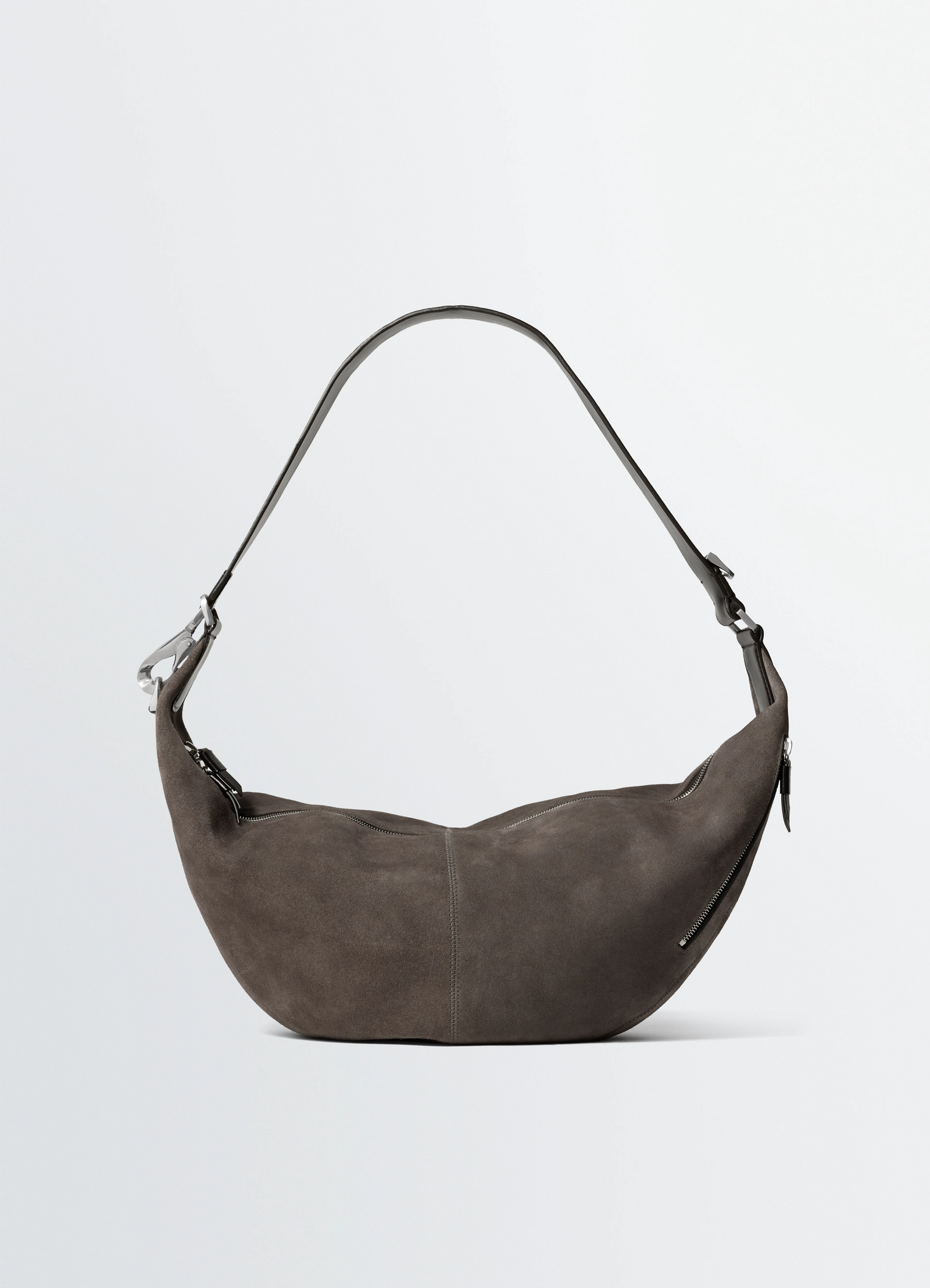 Quiver clip bag in grey suede and leather, product shot, front view curved silhouette