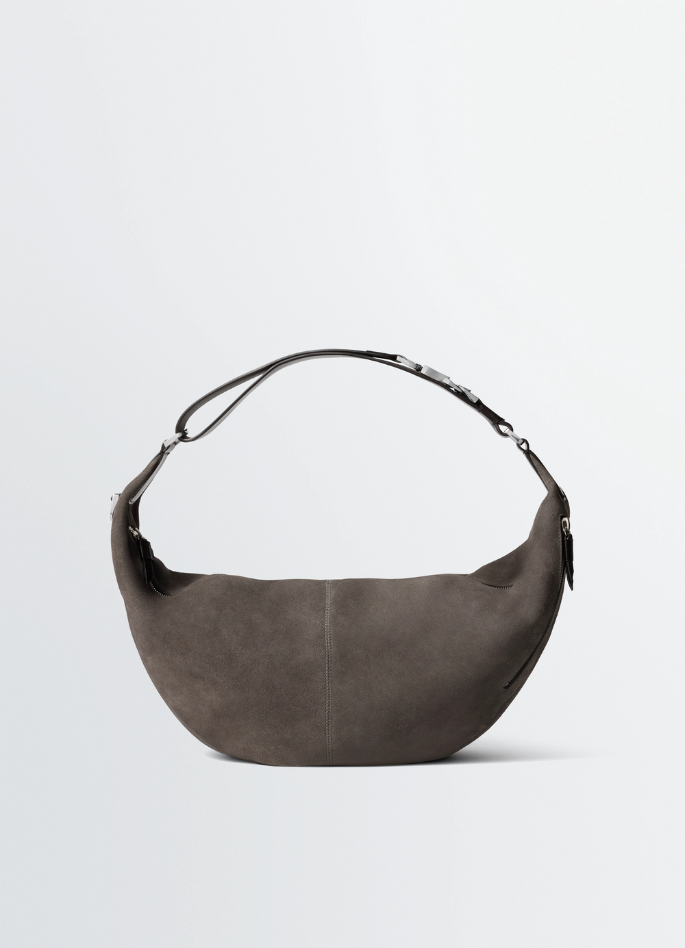 Quiver Clip Bag in Grey Suede and Leather, product shot, top angle view single strap