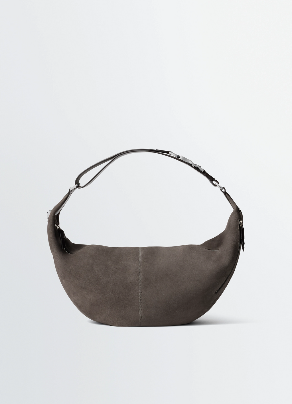 Quiver Clip Bag in Grey Suede and Leather, product shot, top angle view single strap