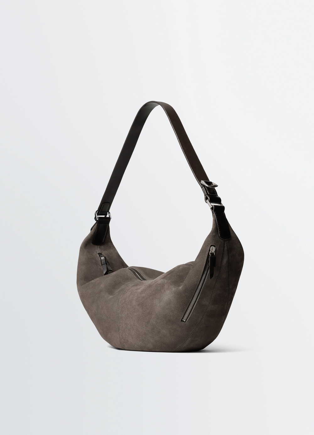 Quiver Clip Bag in Grey Suede and Leather, product shot, three-quarter back angle dual zipper detail