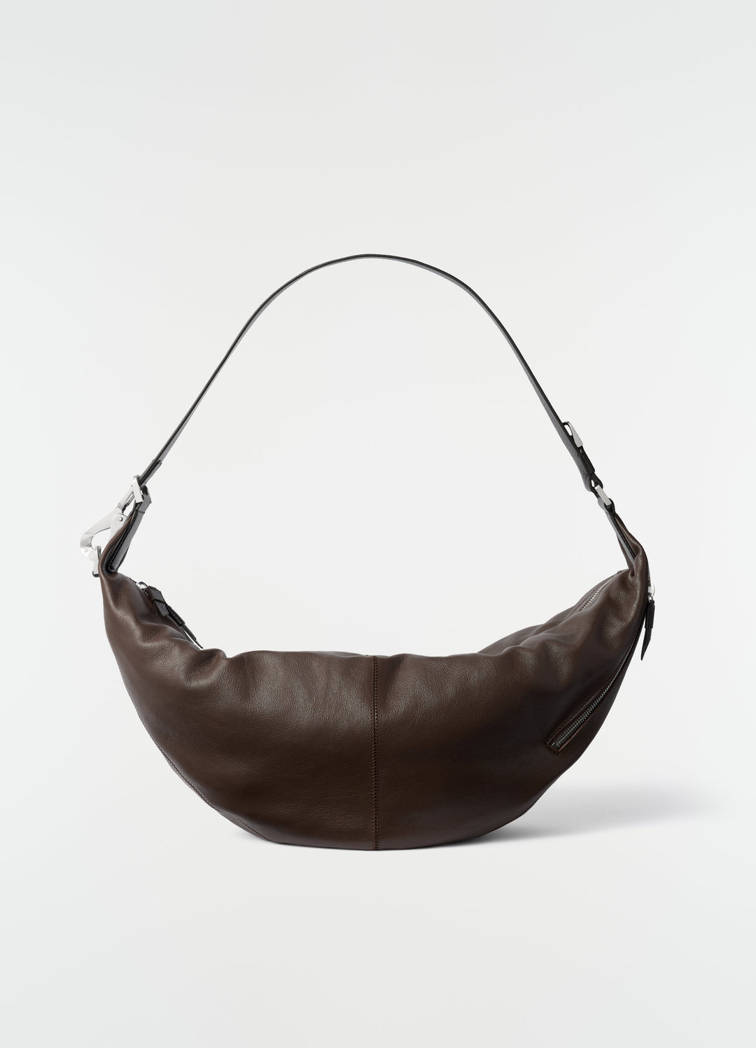 Quiver Clip Bag LEMAIRE in dark brown leather with silver hardware on plain white background front view