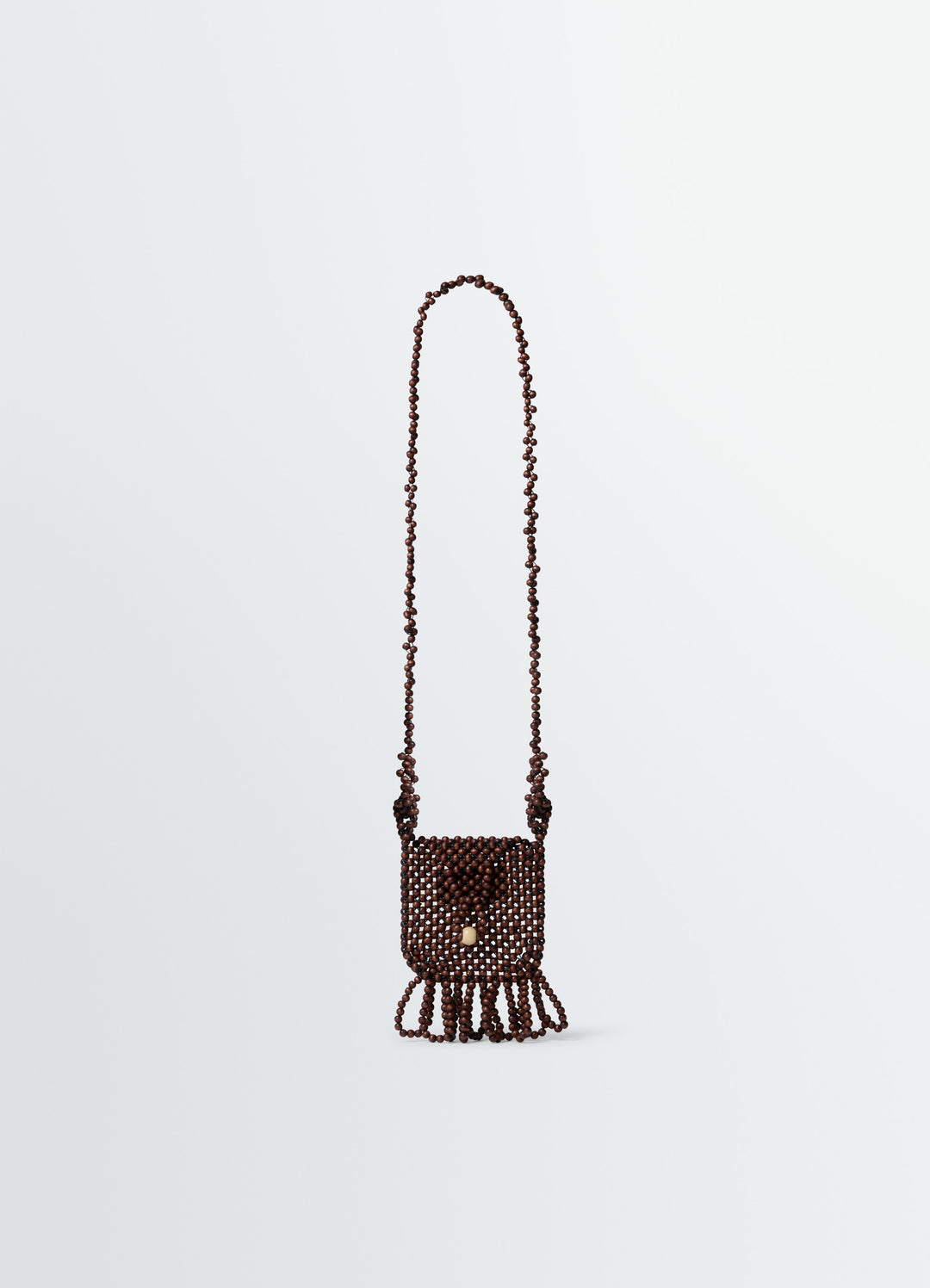 Grigri Necklace Bag in Wooden Beads, product shot, Front view Miniature with fringe