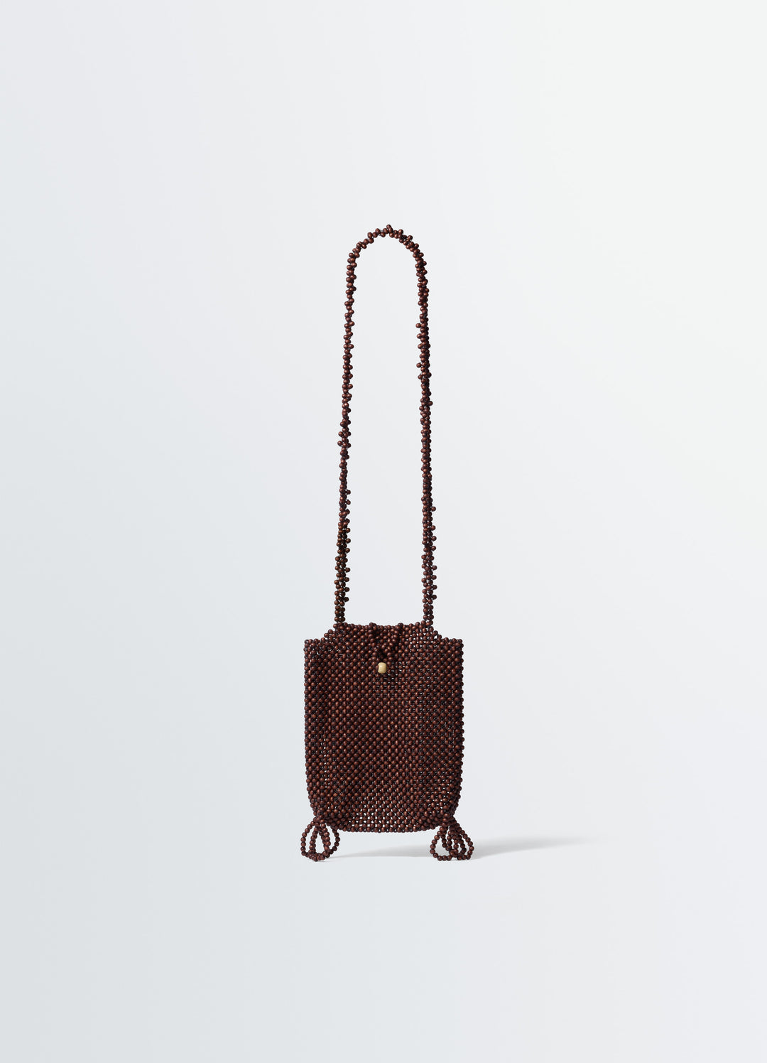 Lemaire Grigri Phone Holder in Wooden Beads, product shot, Front view Delicate beadwork