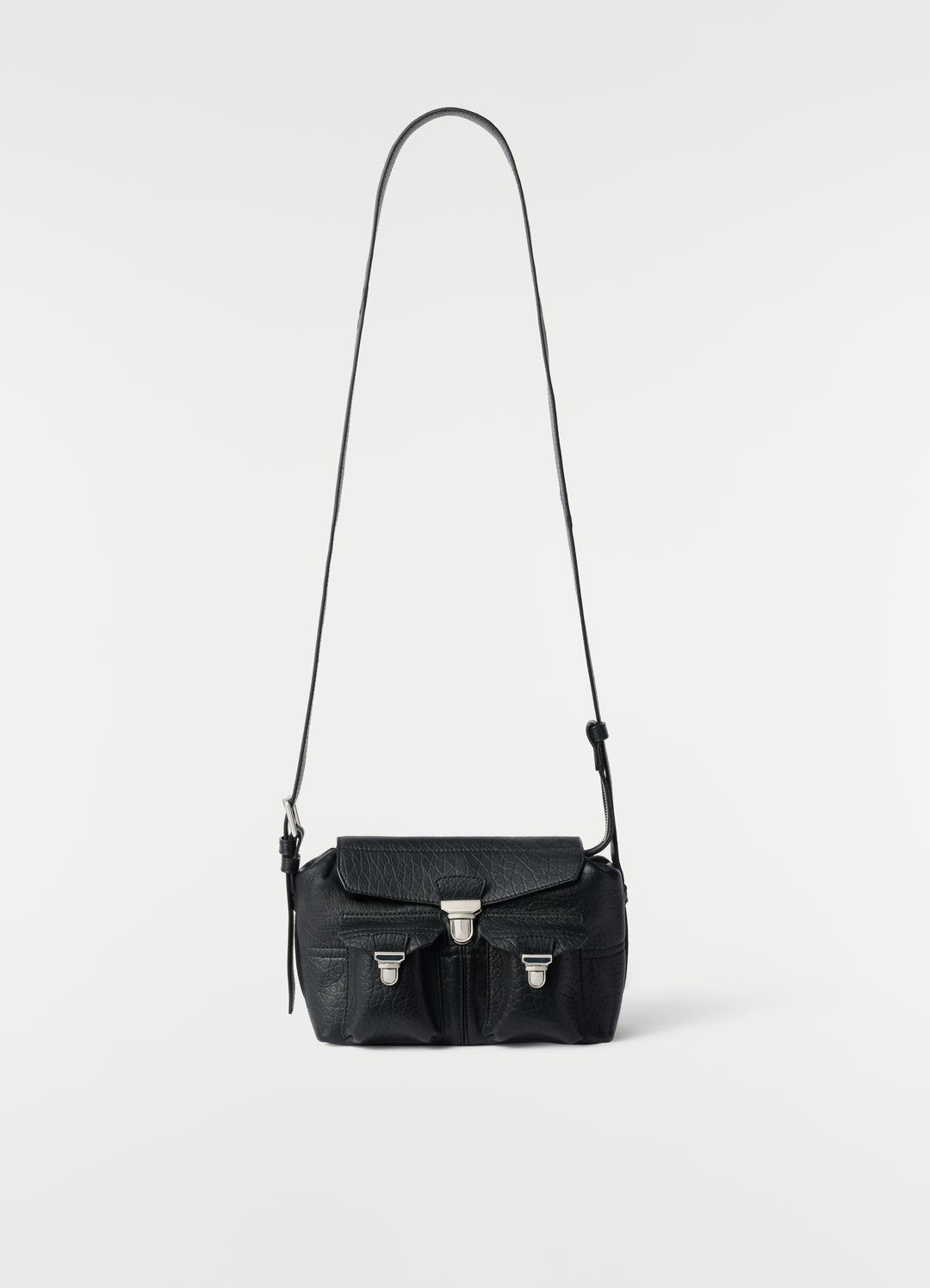 Mini Soft Gear Bag black bubble lambskin leather with silver clasps LEMAIRE front view on white background