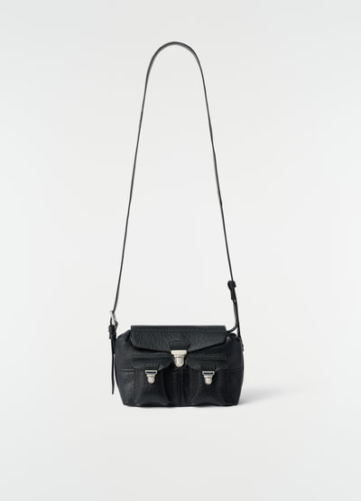 Mini Soft Gear Bag black bubble lambskin leather with silver clasps LEMAIRE front view on white background