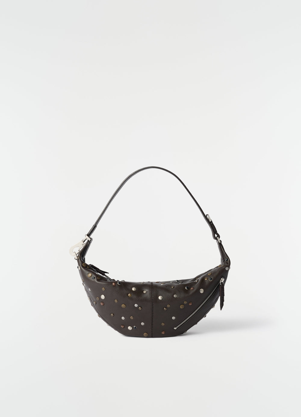 Mini Quiver Clip Bag in black grained buffalo leather with mixed metal studs by LEMAIRE on white background