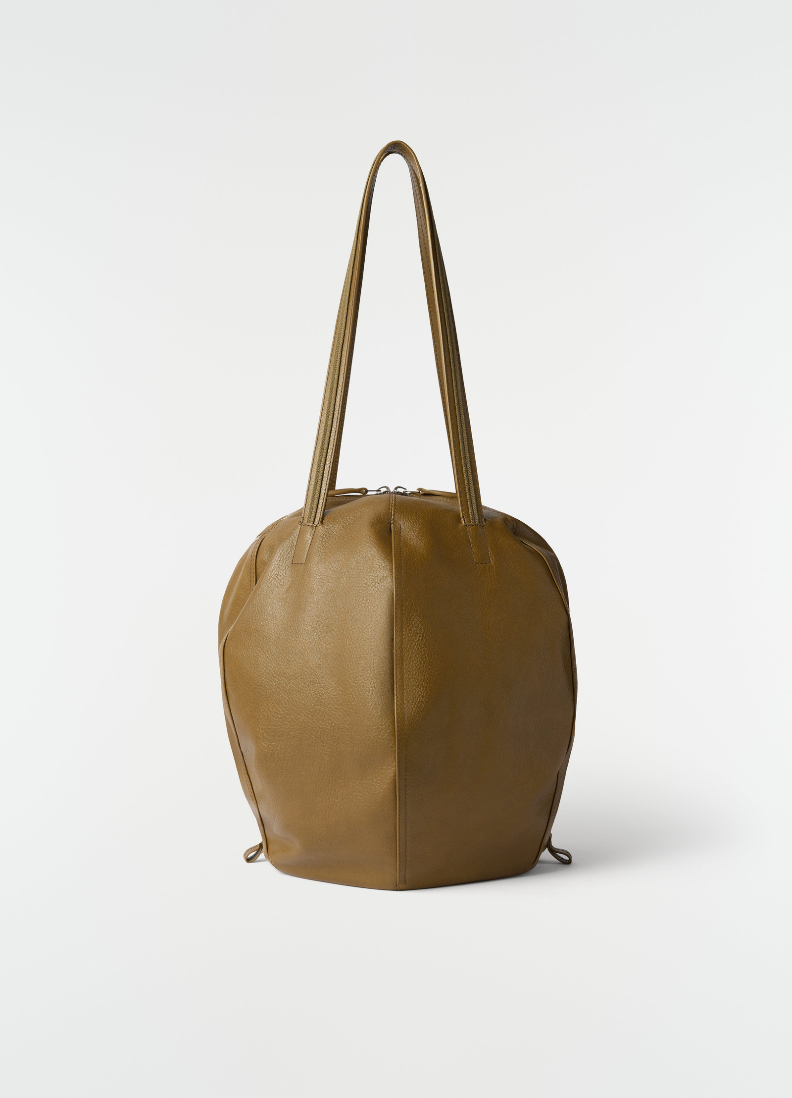 Hobo helmet bag lemaire in brown grained leather with double shoulder straps on white background