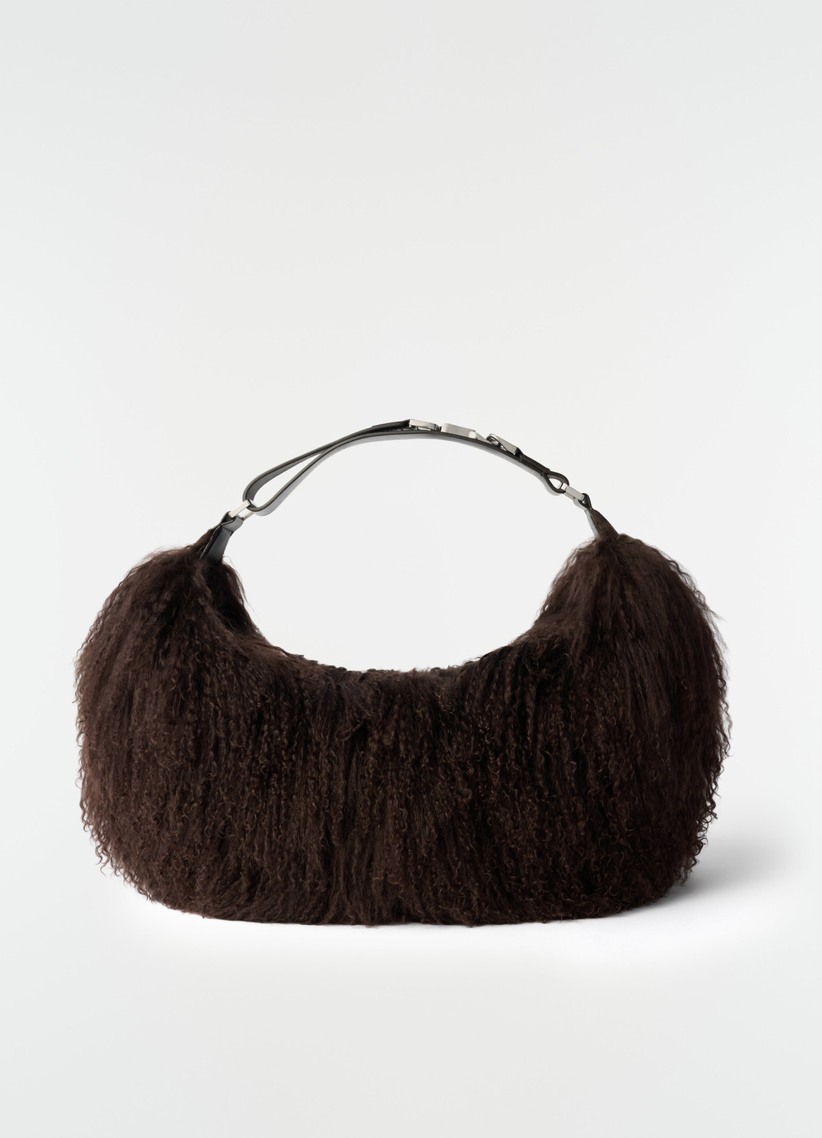 Quiver clip bag in dark brown mongolian lambskin with black strap lemaire front view on white background