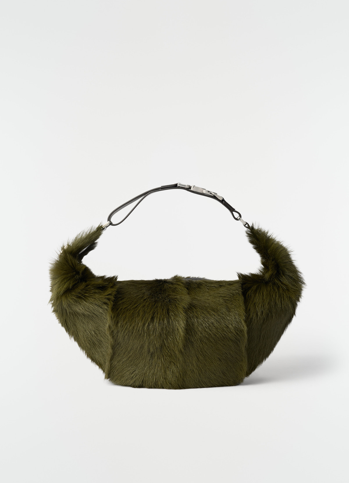 Quiver clip bag in long-hair goat leather green with black strap front view on white background lemaire