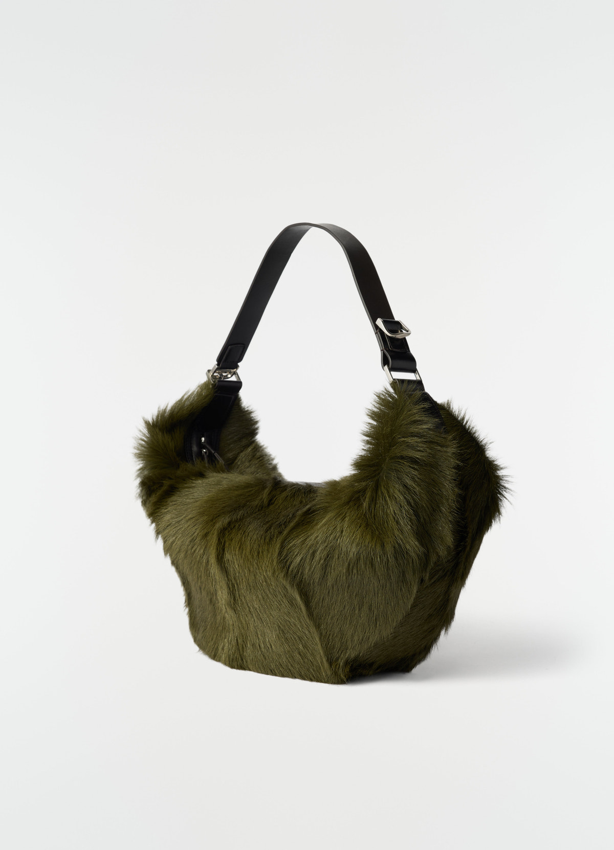 Quiver clip bag in olive green long-hair goat leather with black leather strap by lemaire on plain white background