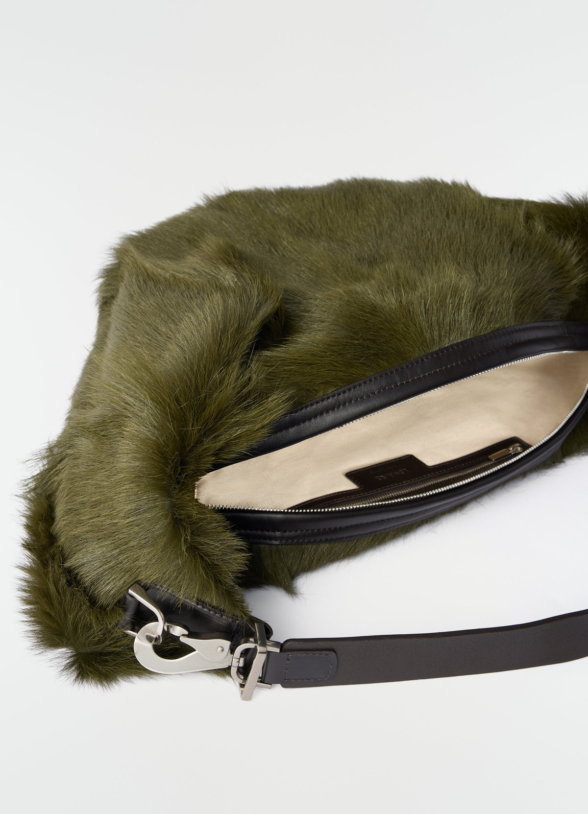 Quiver clip bag lemaire olive green long-hair goat leather close-up detail with open zipper and metal clip