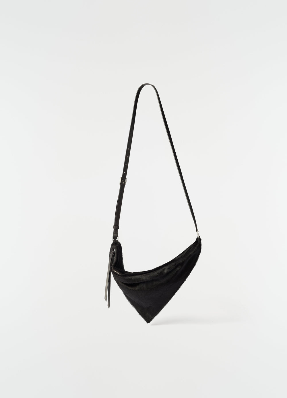 Pocket Scarf Bag in black pony-style leather by LEMAIRE with adjustable strap front view on plain white background