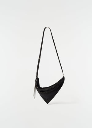 Pocket scarf bag in black pony-style leather by lemaire with adjustable strap front view on plain white background