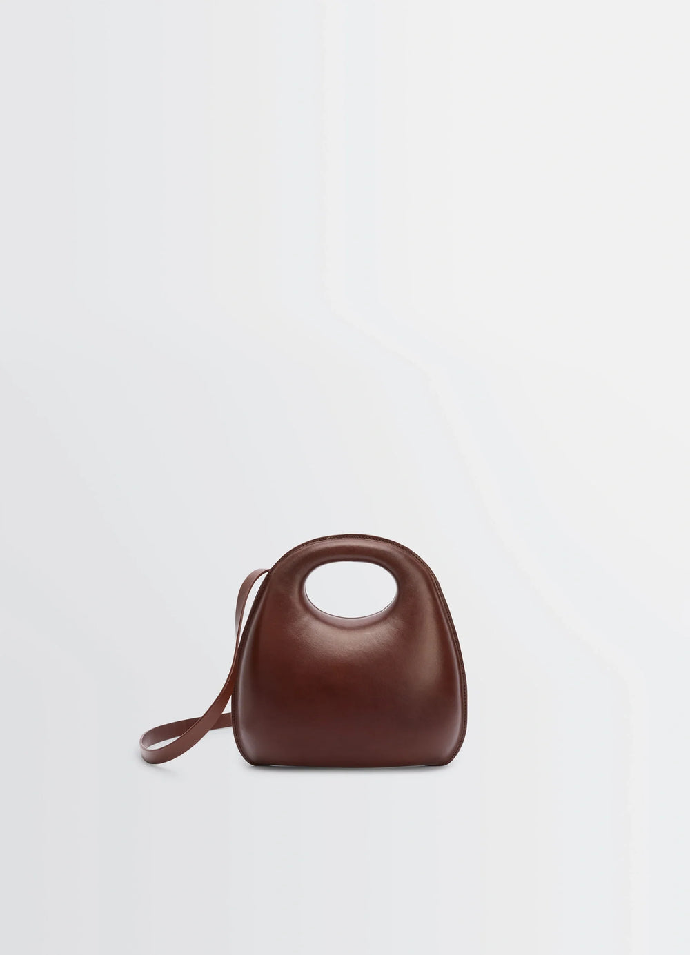 Lemaire Egg Bag in Patinated Leather Brown, product shot, back view rounded handle