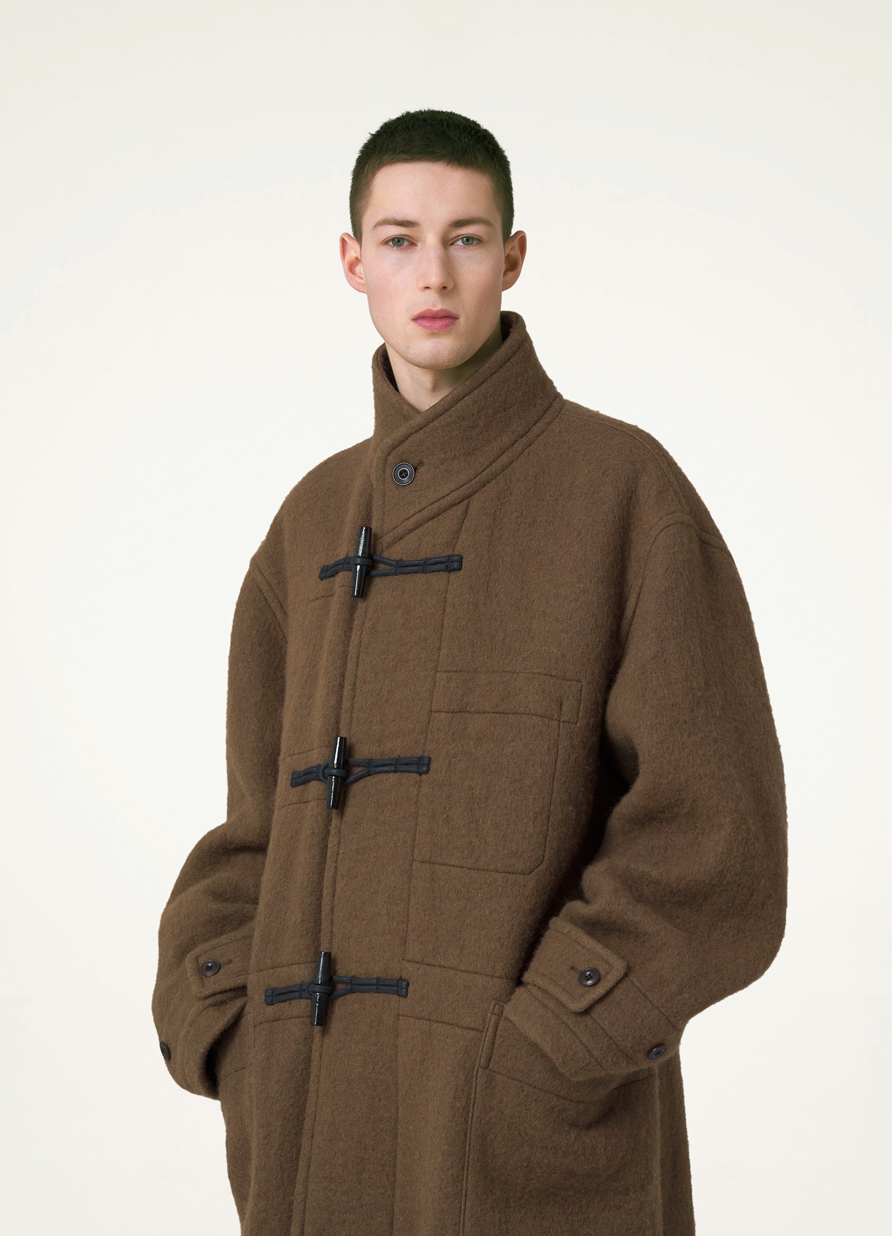 Olive Brown Maxi Duffle Coat in Wool Duffle | LEMAIRE