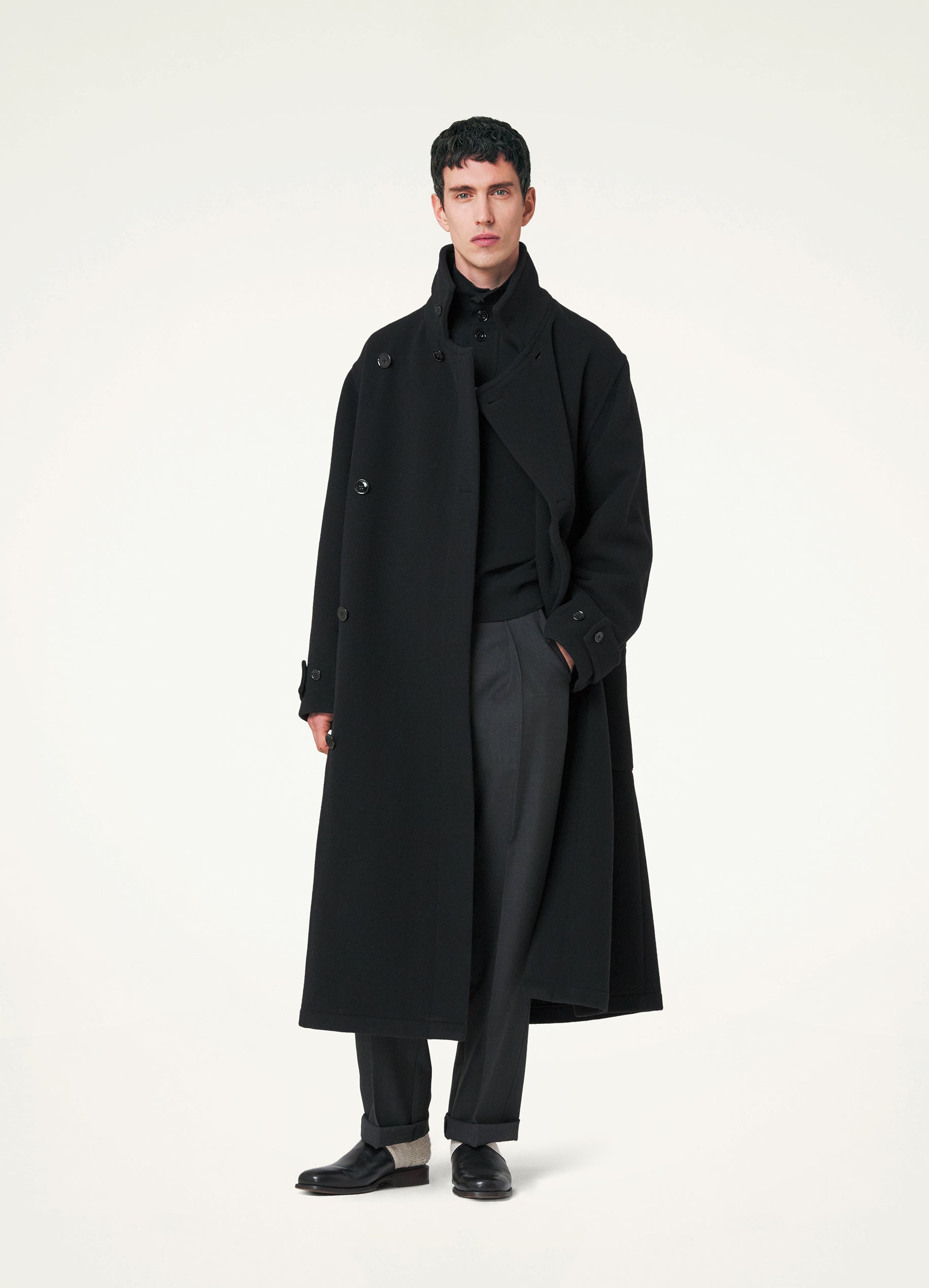 Black Wrap Coat in Double Wool | LEMAIRE