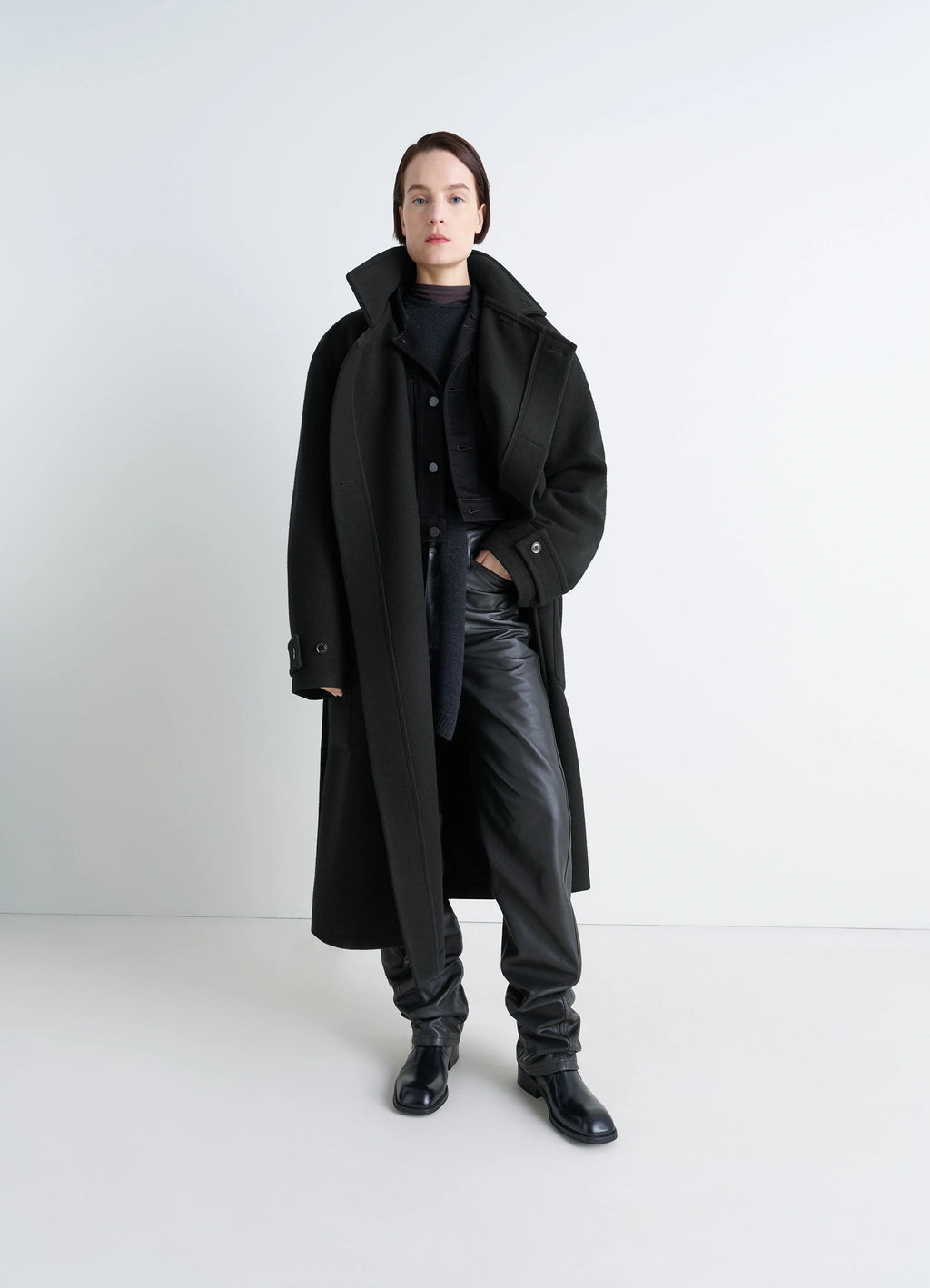 Lemaire Wrap Coat in Black Double-Faced Wool, model shot, three-quarter view oversized collar look