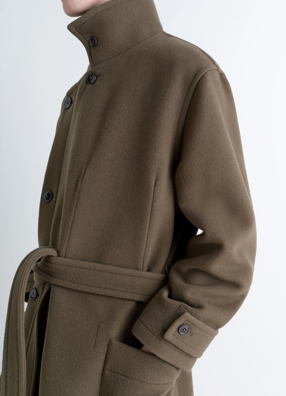 Lemaire Wrap Coat in Khaki Double-Faced Wool, model shot, side view belted button collar