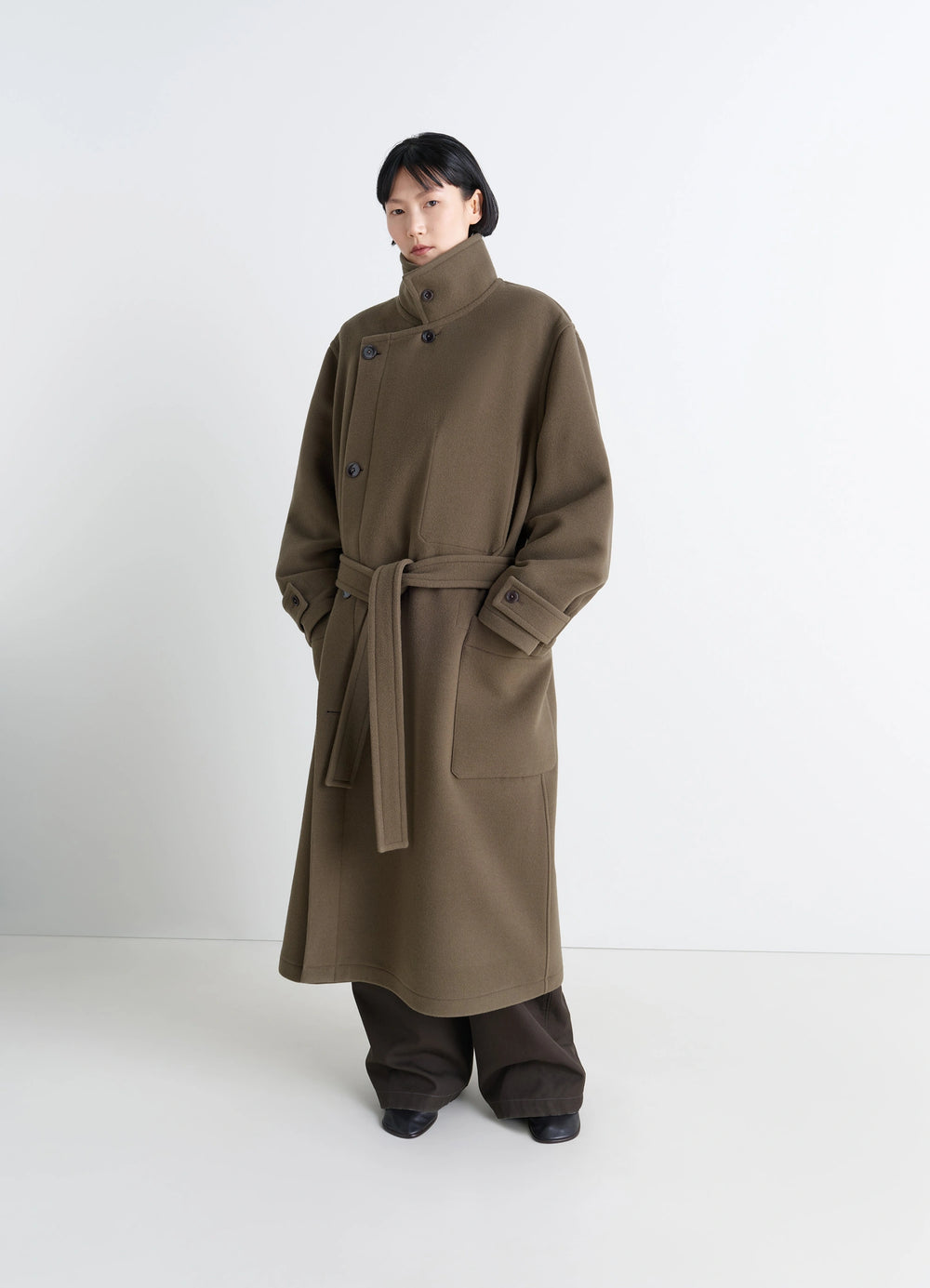 Lemaire Wrap Coat in Khaki Double-Faced Wool, model shot, Front view Loose unisex fit