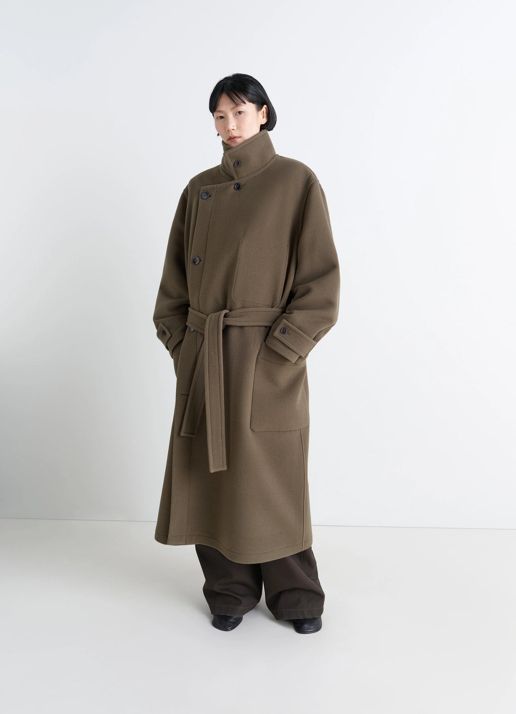 Lemaire Wrap Coat in Khaki Double-Faced Wool, model shot, Front view Loose unisex fit
