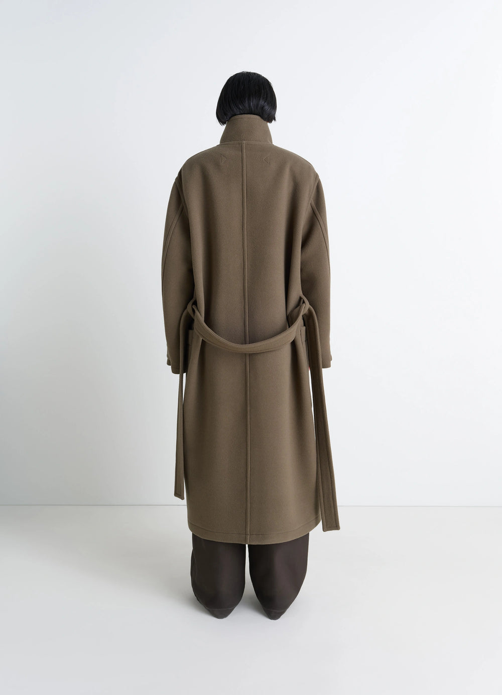 Lemaire Wrap Coat in Khaki Double-Faced Wool, model shot, back view long straight lines, belted back