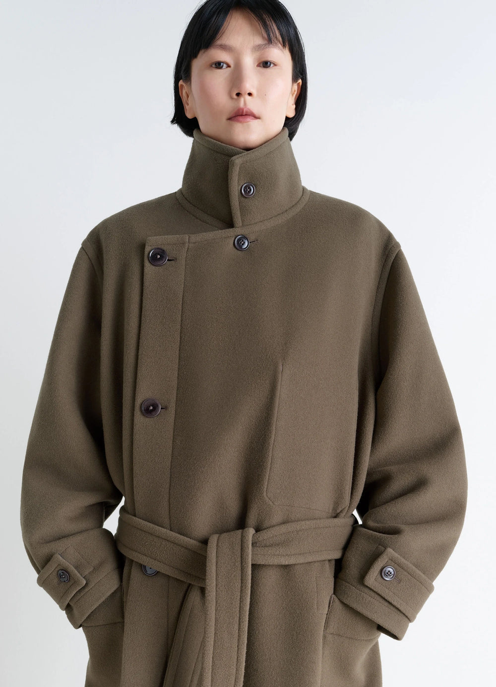 Lemaire Wrap Coat in Khaki Double-Faced Wool, model shot, close-up view high collar detail