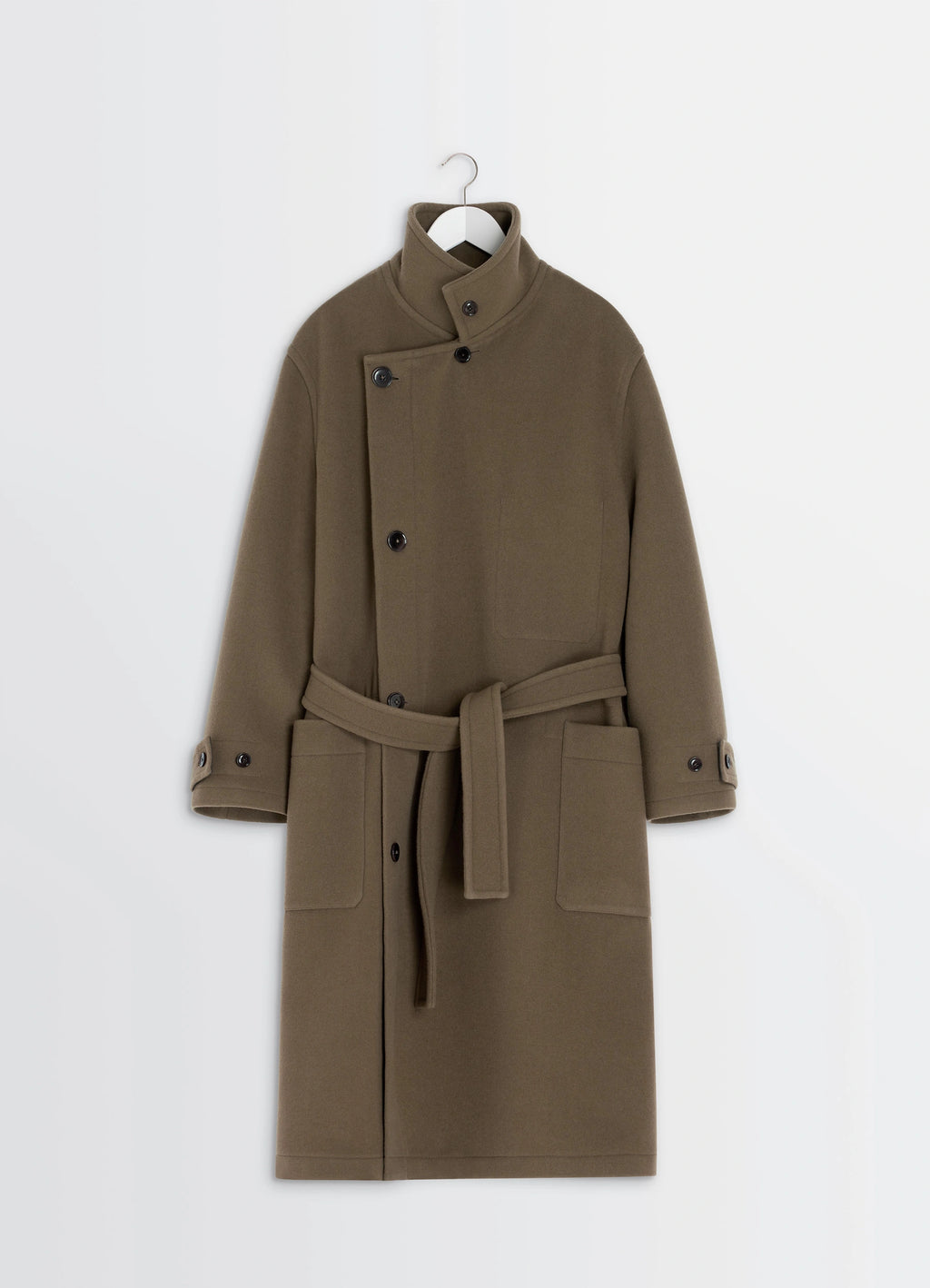Lemaire Wrap Coat in Khaki Double-Faced Wool, product shot, hanging display view asymmetrical button design