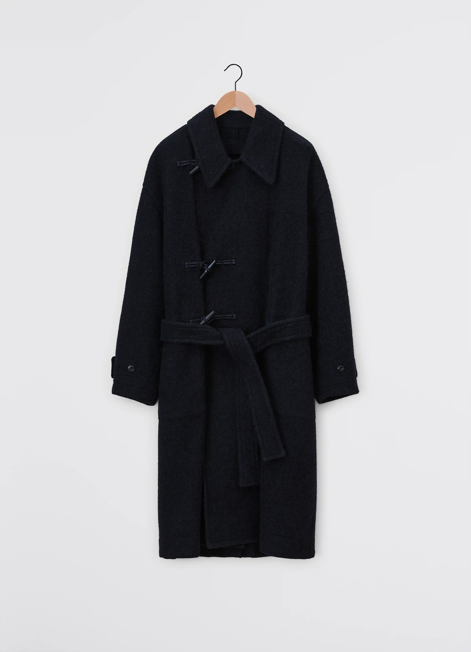 Lemaire short duffle coat in wool and alpaca mix, product shot, back view wooden toggle closures, elongated s