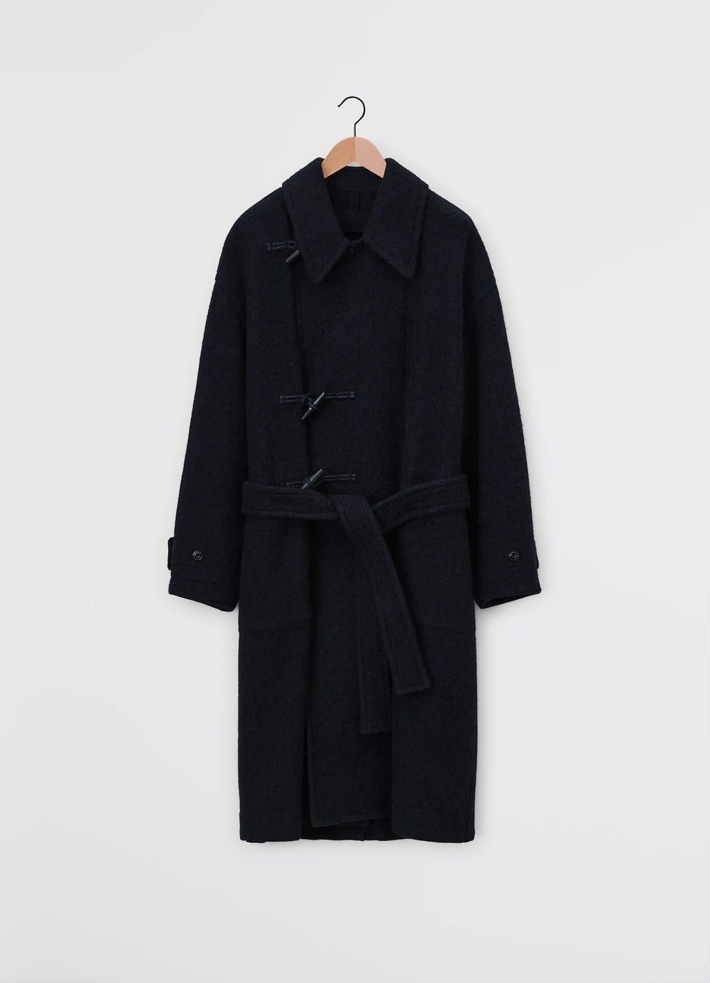 LEMAIRE Short Duffle Coat in Wool and Alpaca Mix, product shot, back view wooden toggle closures, elongated s