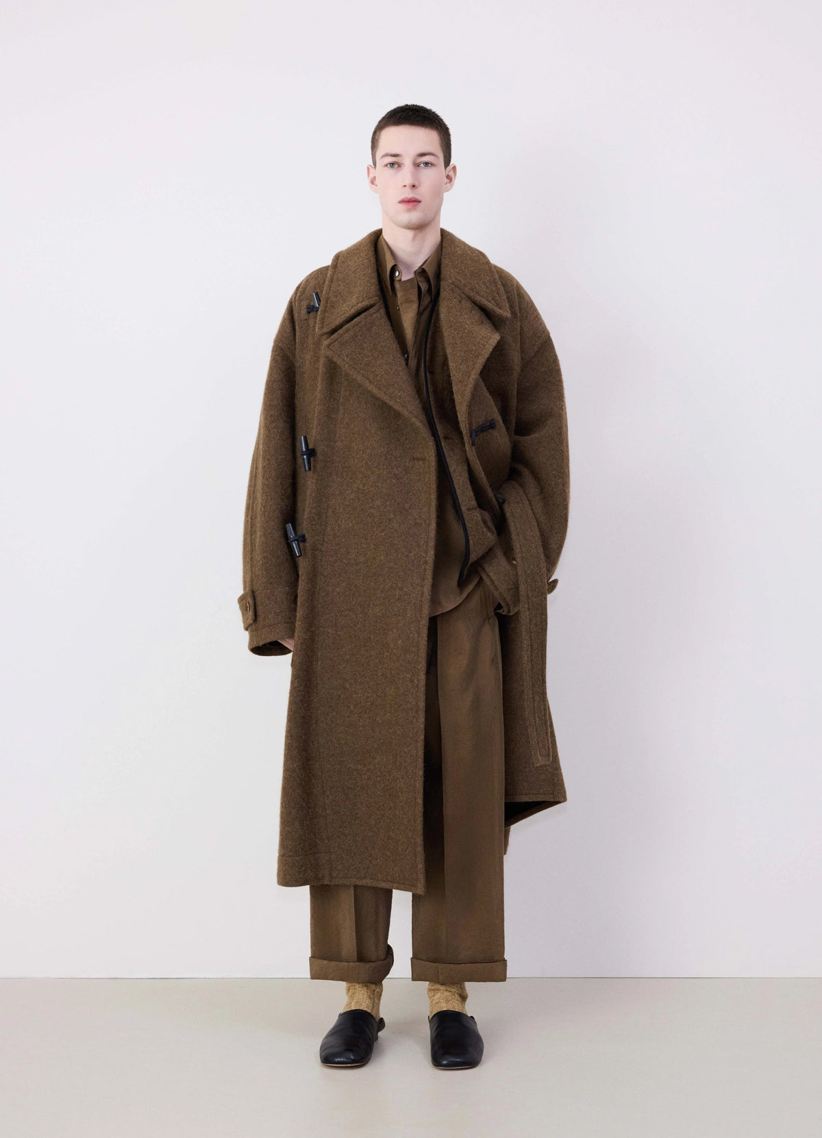 Lemaire Short Duffle Coat in Brown Wool and Alpaca Mix, model shot, front view oversized, belted