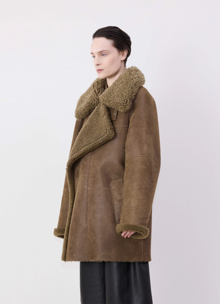 ASYMMETRICAL SHEARLING COAT - Bronze Khaki - Sheepskin - Women