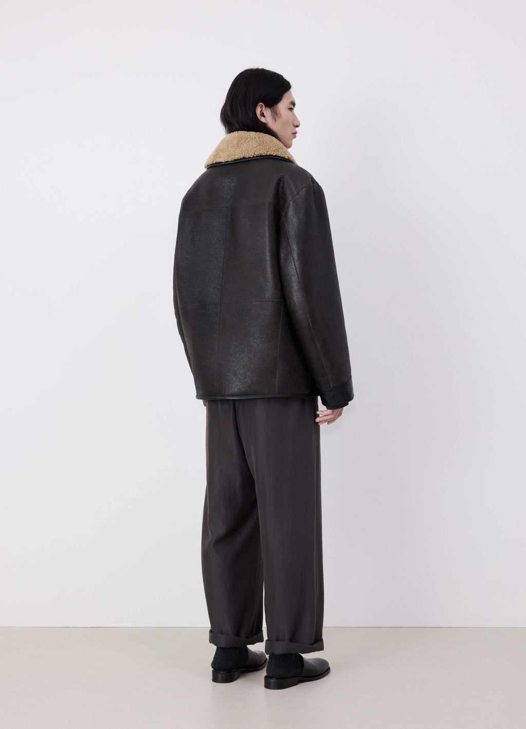 Lemaire Shearling Coat in Heavy Lamb Shearling, model shot, back view loose fit