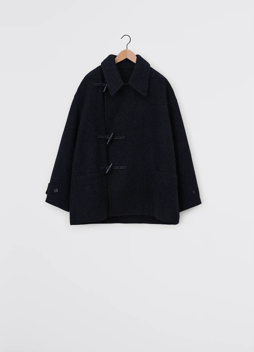 Lemaire Short Duffle Coat in Wool and Alpaca Mix, product shot, Front view Boxy silhouette