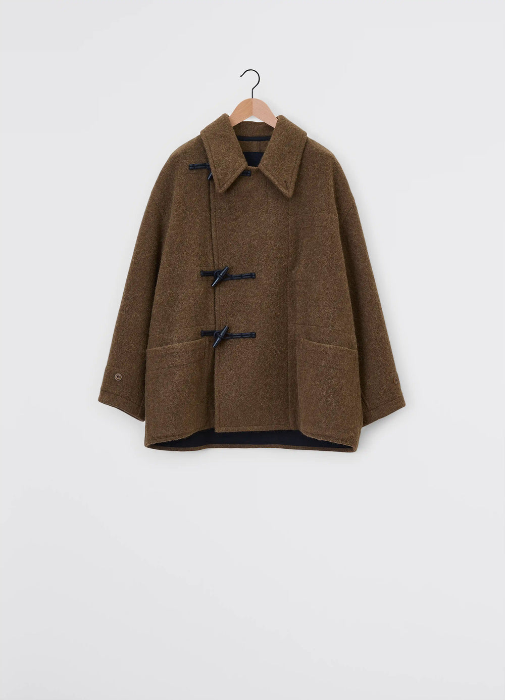 Lemaire Short Duffle Coat in Brown Wool Alpaca Mix, product shot, back view on hanger convertible collar detail