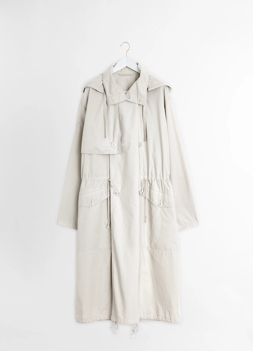 Unisex Parka in Lightweight VENTILE® cotton, product shot, hanger view buttoned storm flap