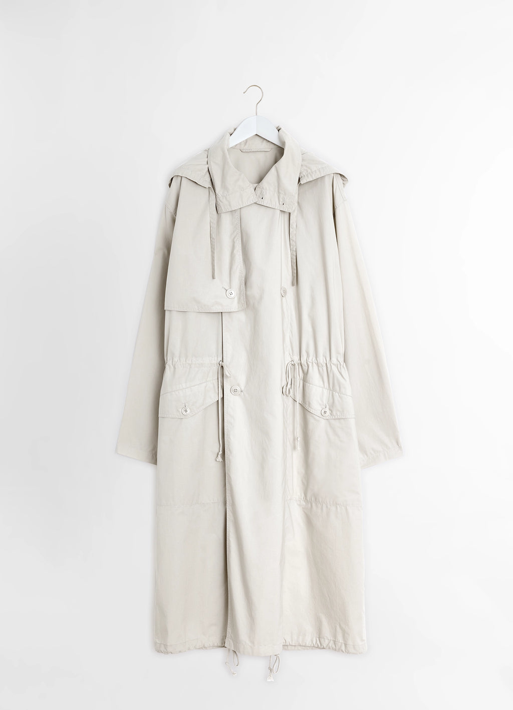 Unisex Parka in Lightweight VENTILE® cotton, product shot, hanger view buttoned storm flap