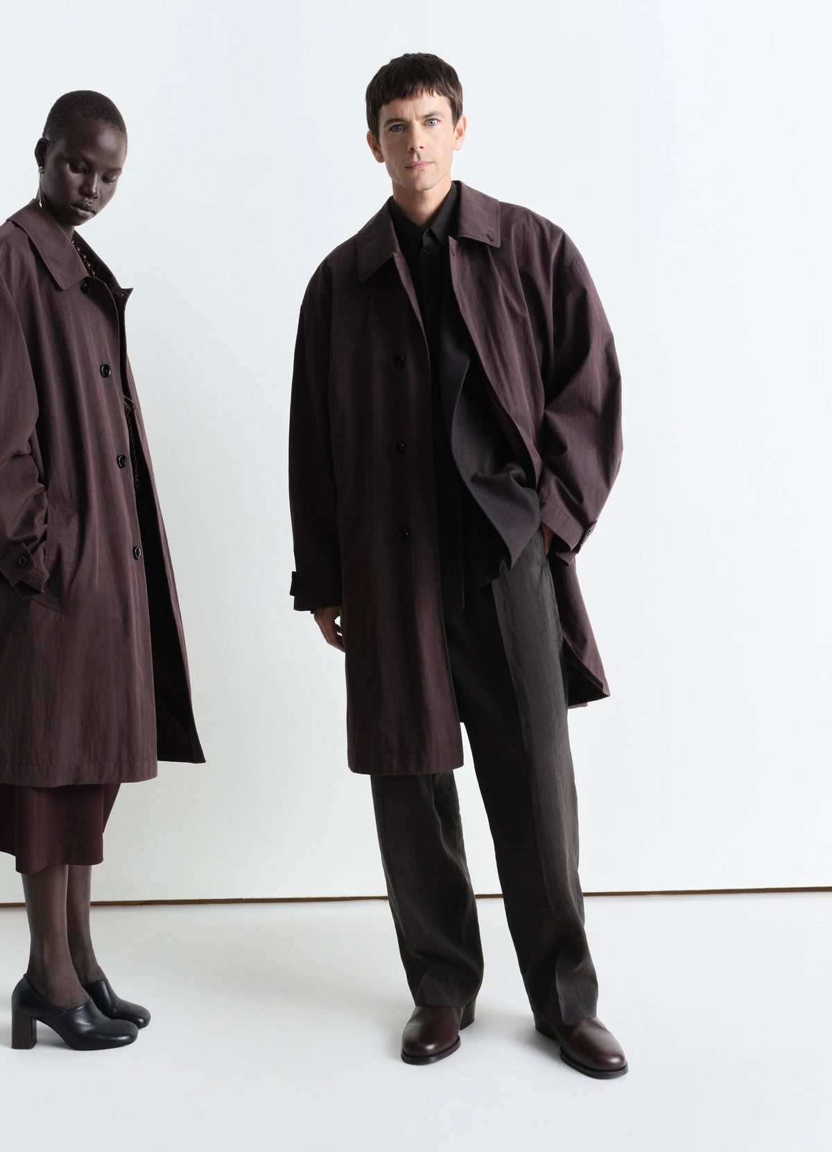 Lemaire Car Coat in Cotton technical effect, model shot, front view single-breasted, straight collar