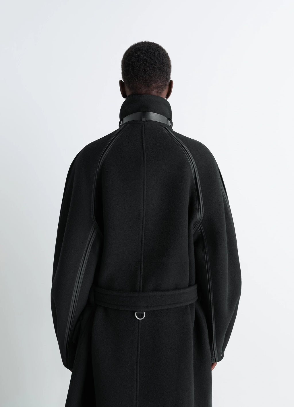 Lemaire Duffle Coat in Double-faced wool black, model shot, back view high collar detail