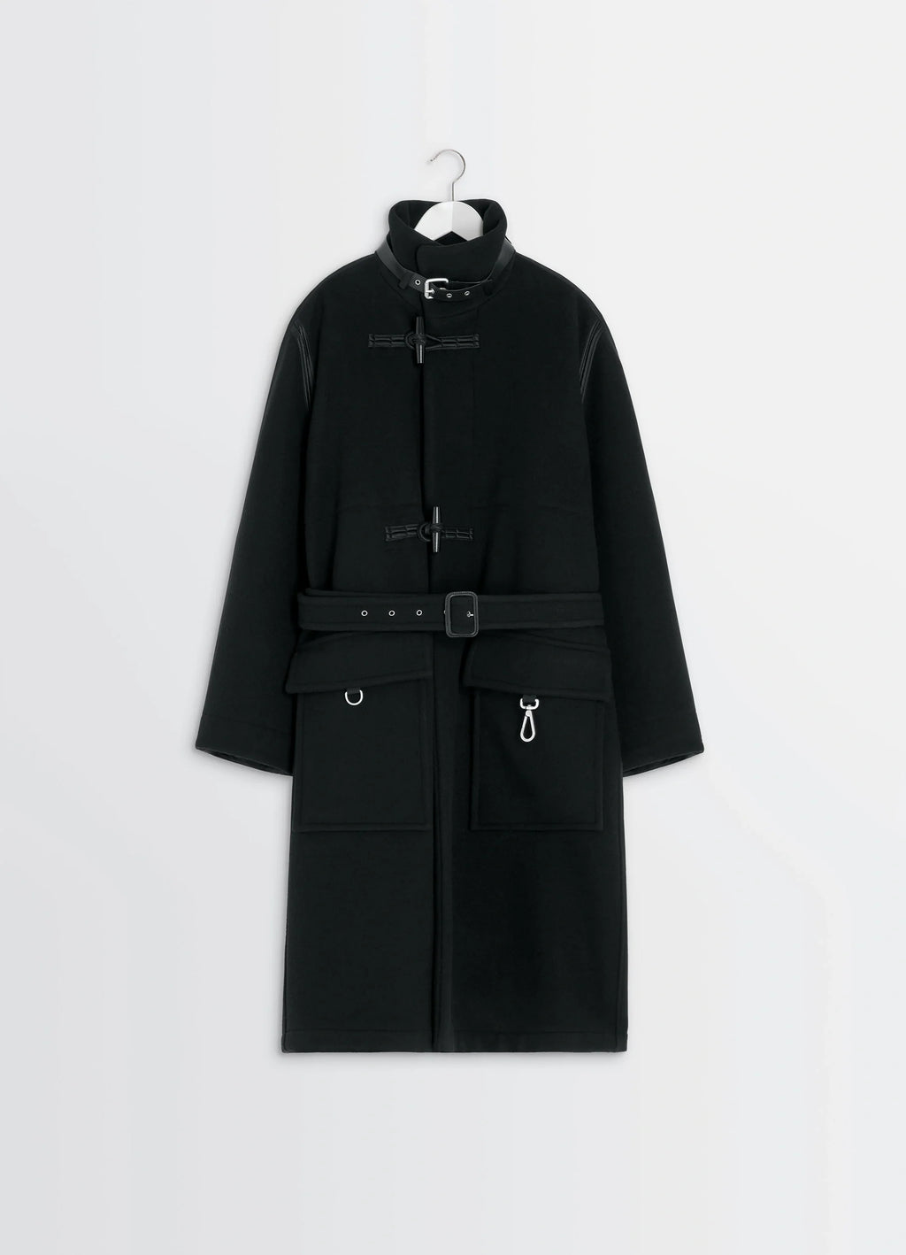 Lemaire Duffle Coat in Double-faced wool black, product shot, straight front view hanging display with hook