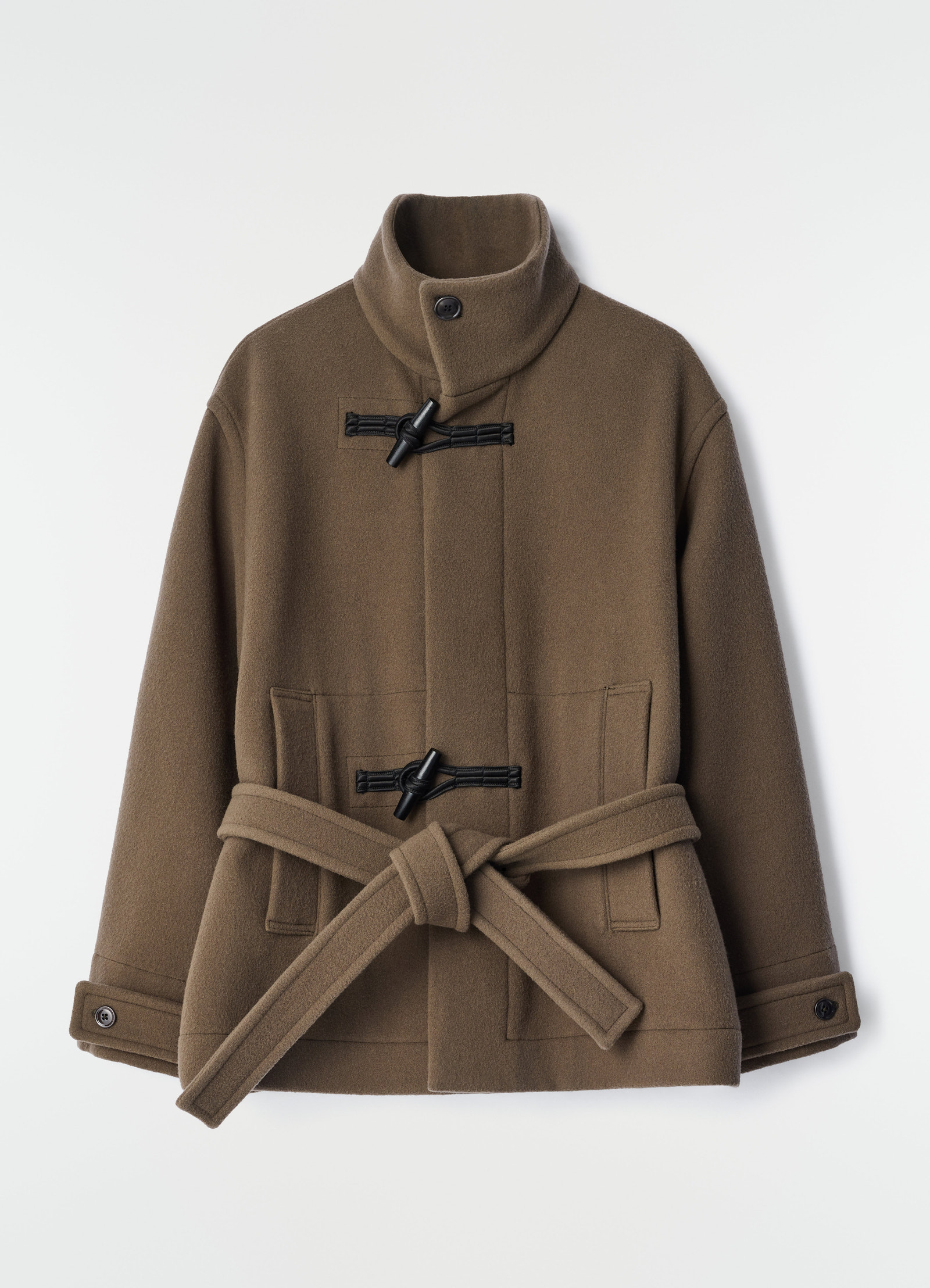 Short brown wool duffle coat with black toggles and belt lemaire flat lay on white background