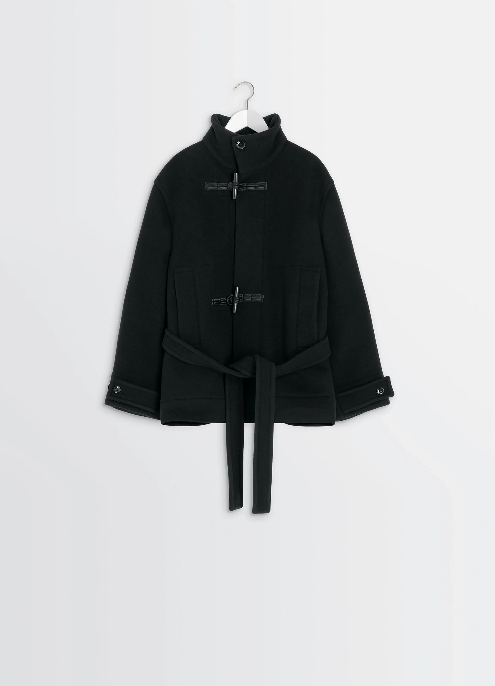 Lemaire short duffle coat in black double-faced wool, product shot, front hanging view belted tied, high collar