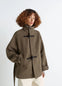 Lemaire Short Duffle Coat in Olive Double-Faced Wool, model shot, Front view Utilitarian toggle details