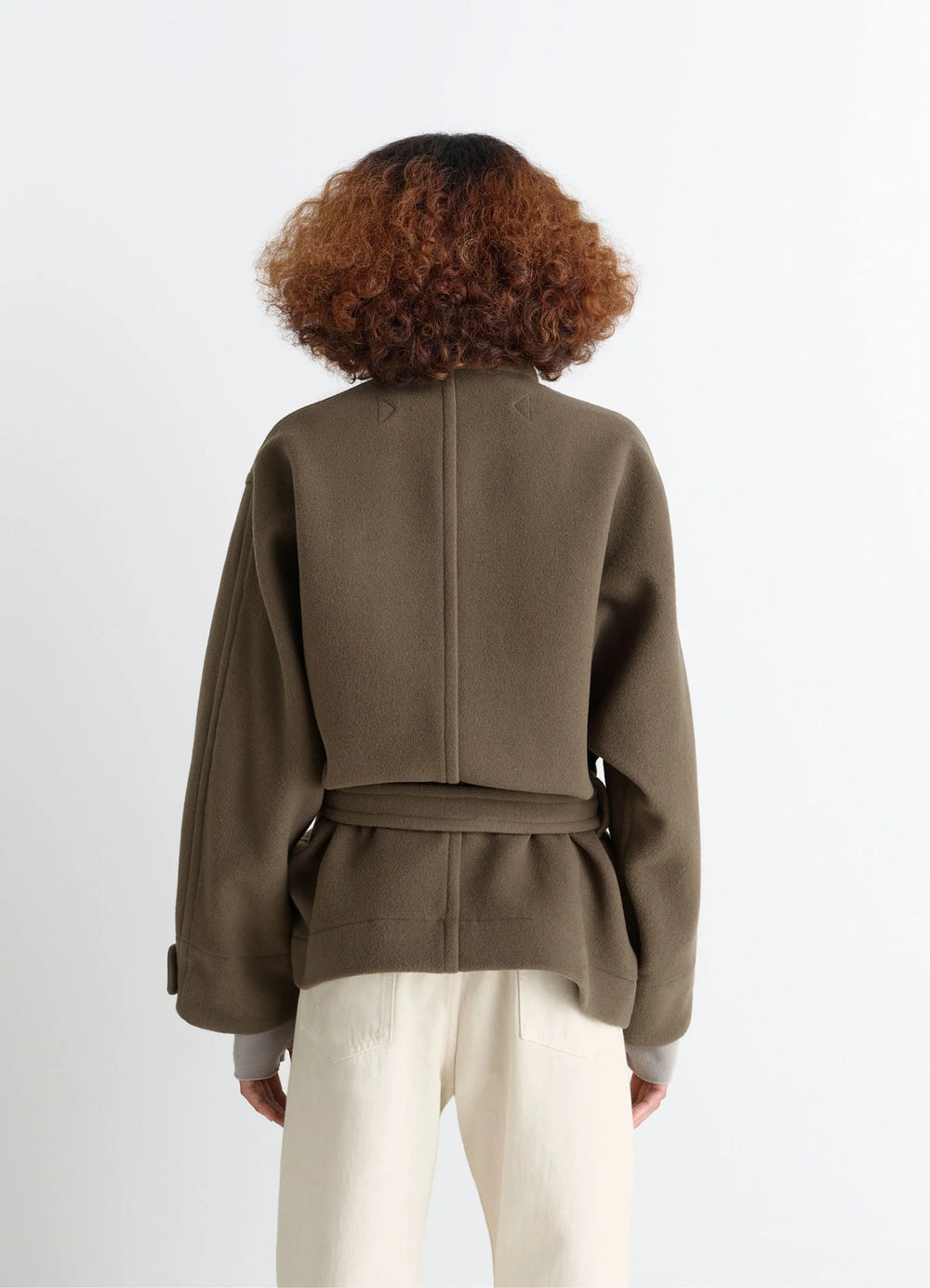 Lemaire Short Duffle Coat in Olive Double-Faced Wool, model shot, back view belted waist