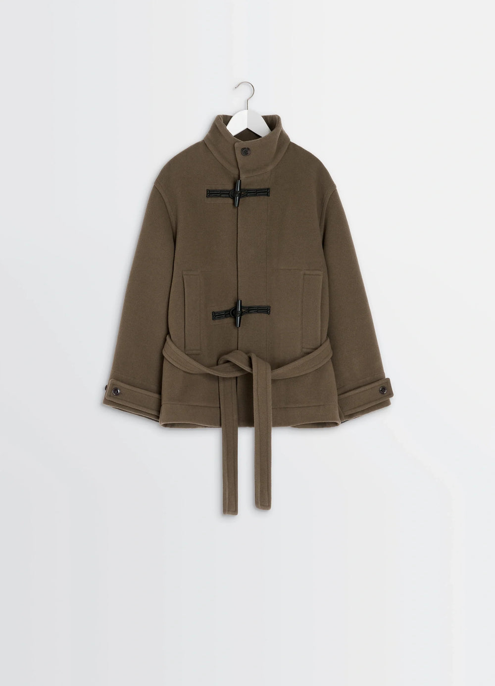 Lemaire Short Duffle Coat in Olive Double-Faced Wool, product shot, hanging display tied waist belt